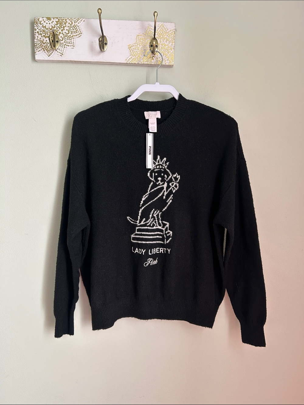 PINK Victoria's Secret Black Crewneck Sweater with White Lady Liberty Graphic